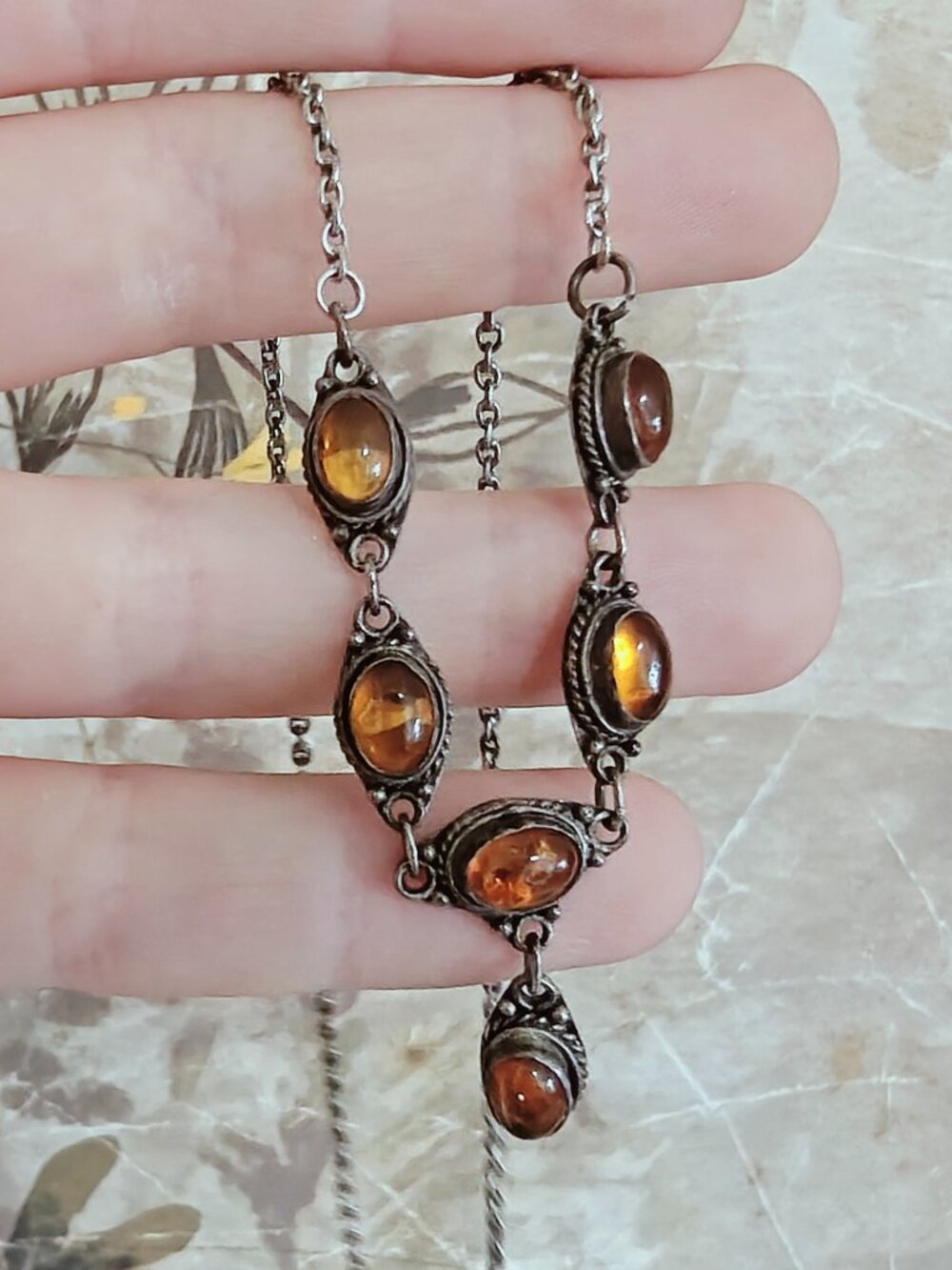 Vintage Sterling Silver 925 Honey Amber Y Necklace Cabochon Repair